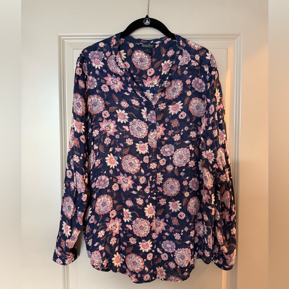 Floral Long Sleeve Blouse - Navy and Pink